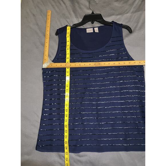 Easy wear By Chico’s Top Size L (2) Navy Blue Sequin Lined Tank Sheer Overlay - Picture 4 of 7